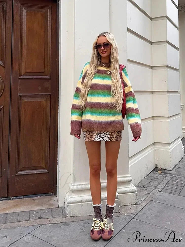 Vibrant Banded Turtleneck Sweater swraters-241228