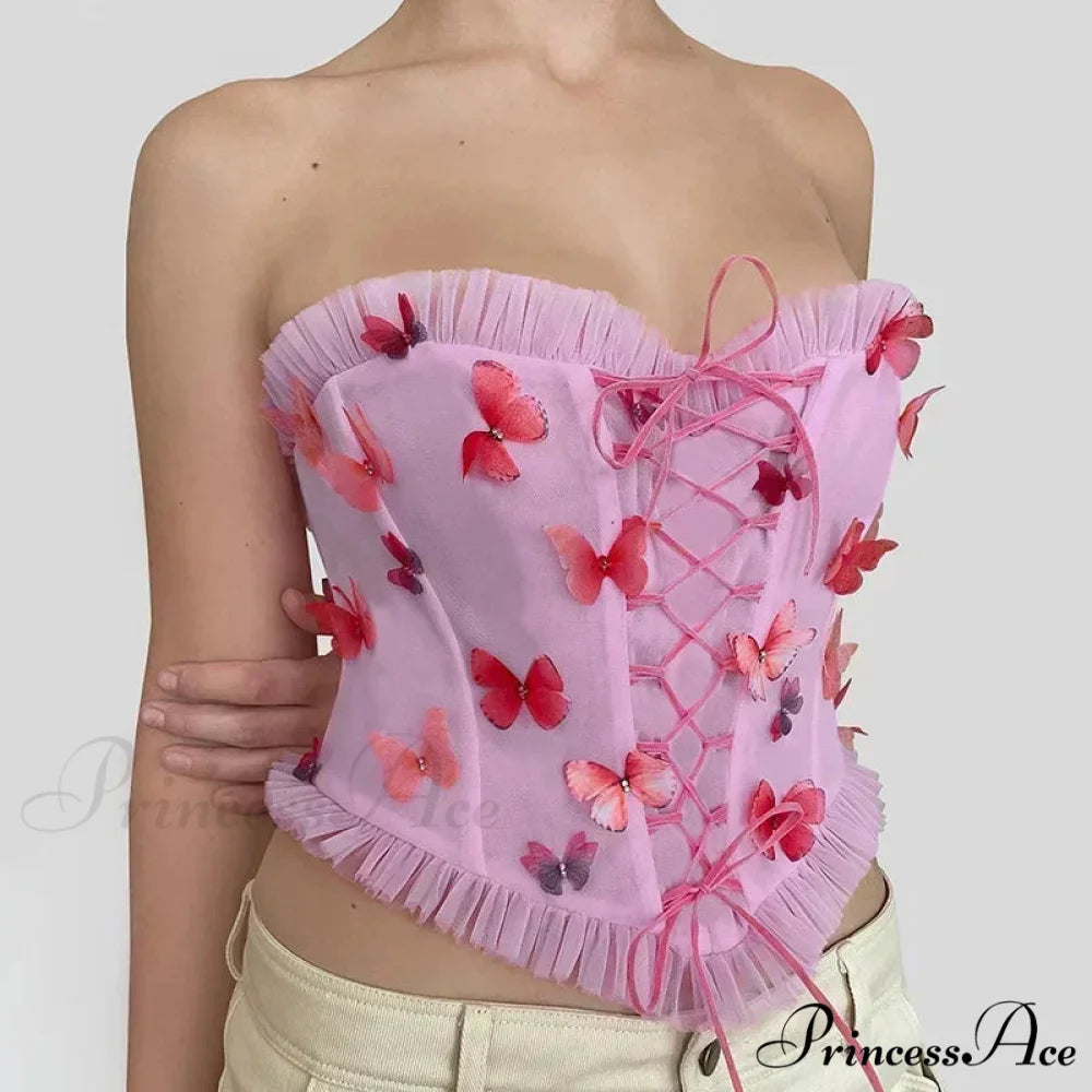 Vibrant Butterfly Patches Mesh Frill Crop Top Pink / S croptop-250223