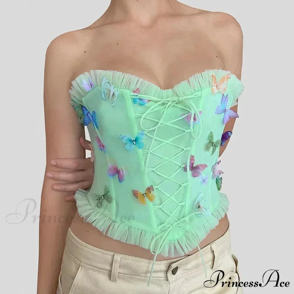 Vibrant Butterfly Patches Mesh Frill Crop Top Turquoise / S croptop-250223