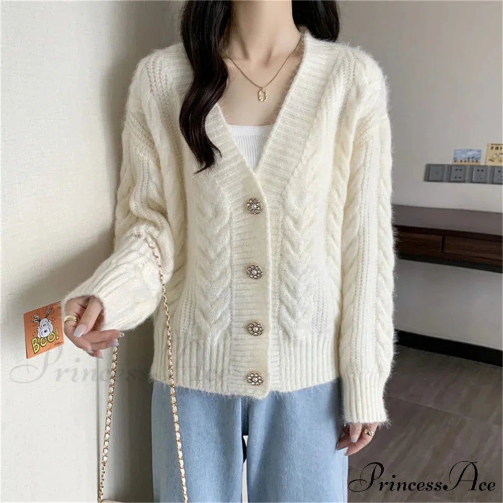 Vibrant Button Patchwork Baggy Knit Cardigan Beige / S cardiagn-250126