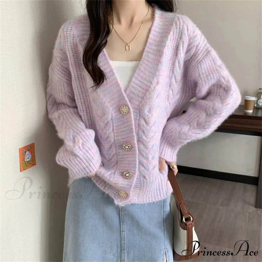 Vibrant Button Patchwork Baggy Knit Cardigan Violet / S cardiagn-250126