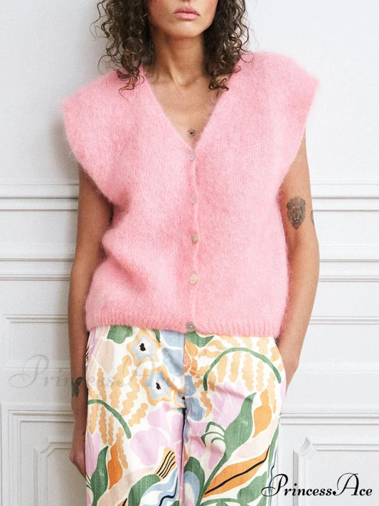 Vibrant Hairy Button-Up Sleeveless Cardigan cardigans-241228
