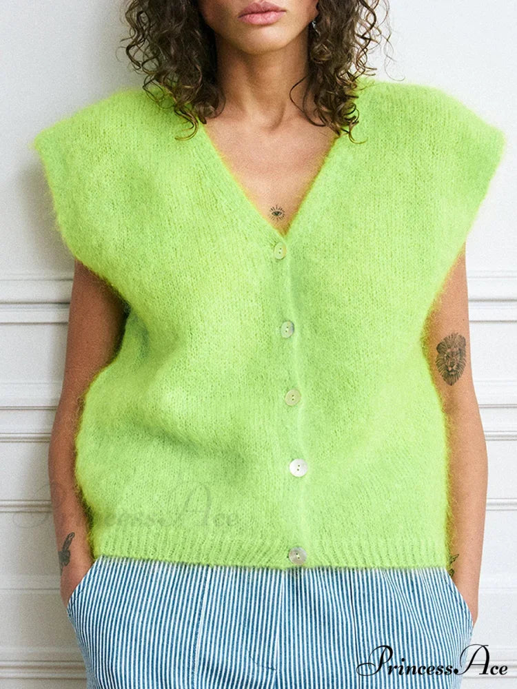 Vibrant Hairy Button-Up Sleeveless Cardigan Fluorescent Green / S cardigans-241228