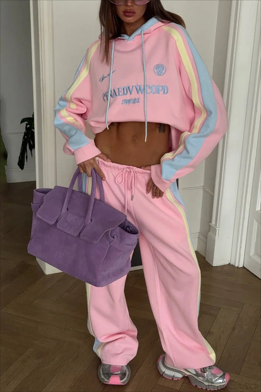 Vibrant Pink Pullover Hoodie Wide Leg Pants Two Piece Set