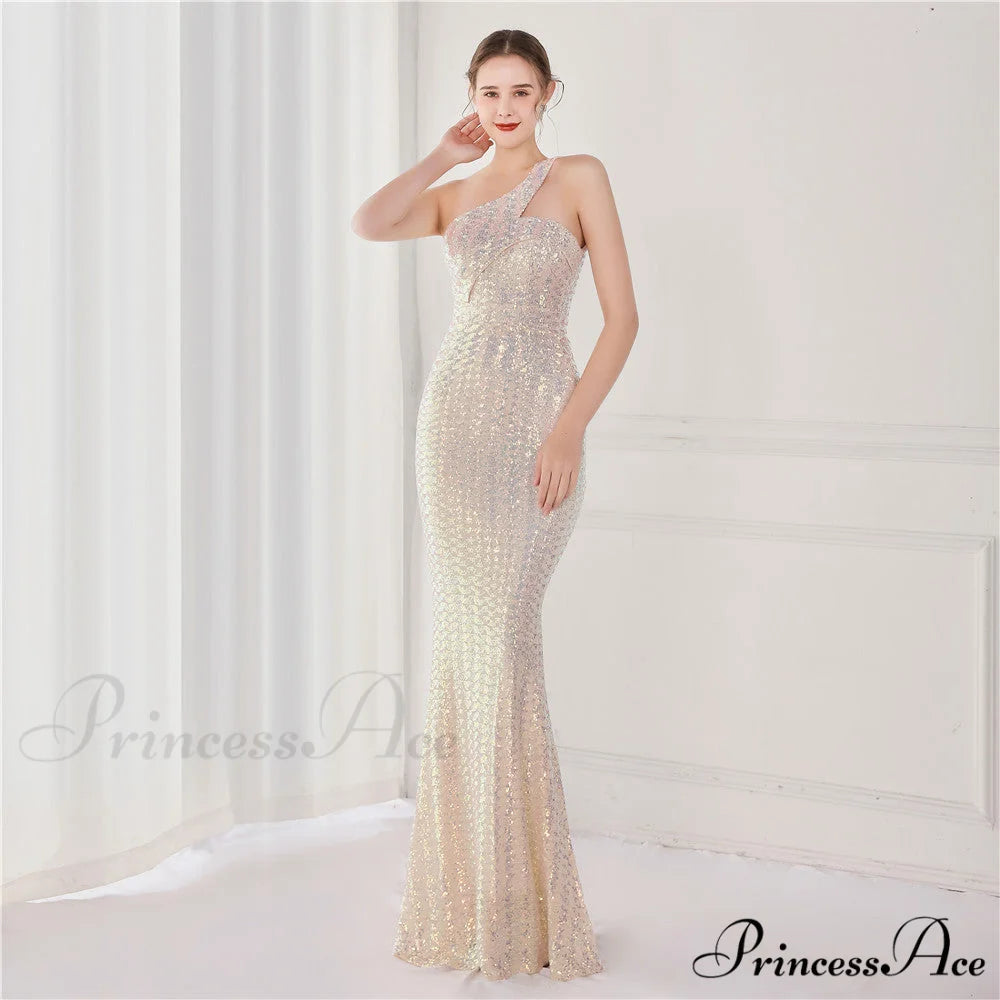 Victoria Formal One-Shoulder Charming Sequined Fishtail Dress APRICOT / XS