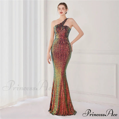 Victoria Formal One-Shoulder Charming Sequined Fishtail Dress BLUE / XS