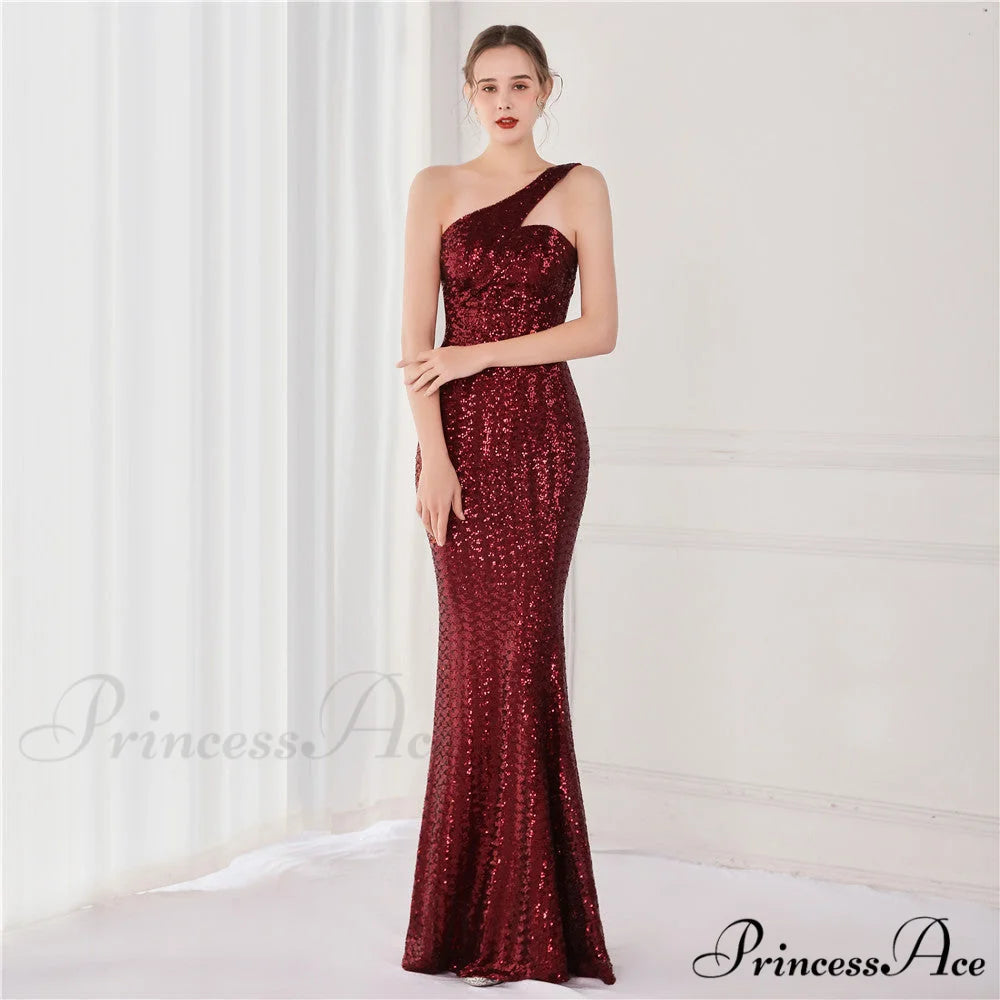 Victoria Formal One-Shoulder Charming Sequined Fishtail Dress BURGUNDY / XS