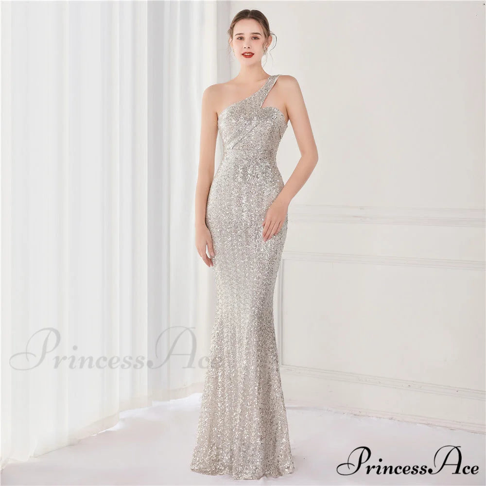Victoria Formal One-Shoulder Charming Sequined Fishtail Dress SILVER / XS