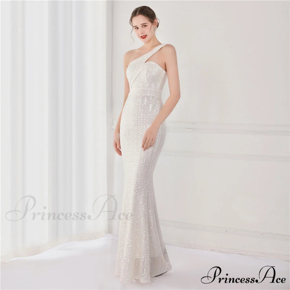 Victoria Formal One-Shoulder Charming Sequined Fishtail Dress WHITE / XS