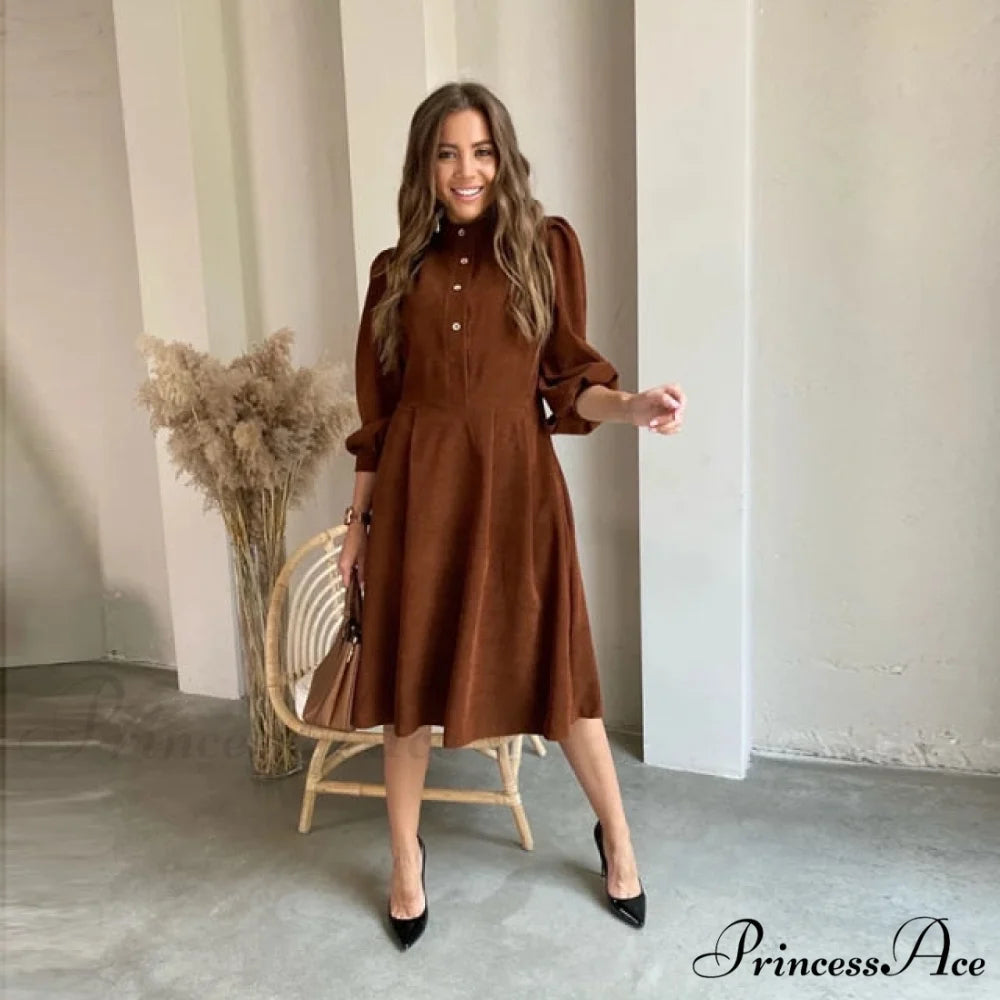 Vintage A-Line Party Midi Dress brown dress / S