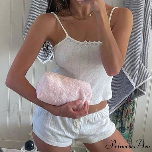 Vintage Adorable Sleeveless Camis Crop Tops Low Rise Shorts Two Pieces Set twopiecesset-250126