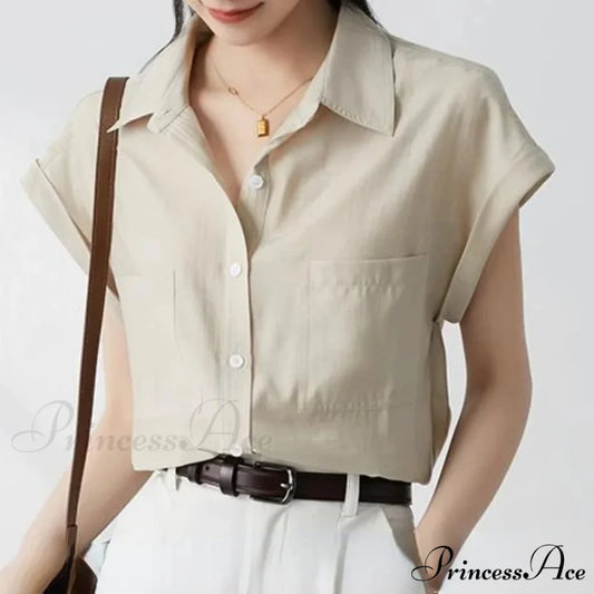 Vintage Baggy Collar Pocket Short Sleeve Blouse blouse-250126