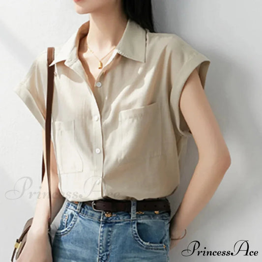 Vintage Baggy Collar Pocket Short Sleeve Blouse Khaki / S blouse-250126