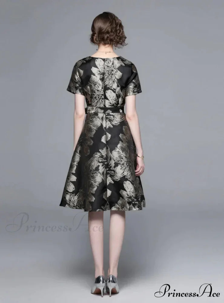 Vintage Black and Gold Print Dress with Short Sleeves