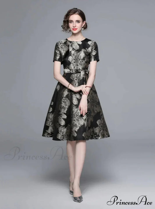 Vintage Black and Gold Print Dress with Short Sleeves