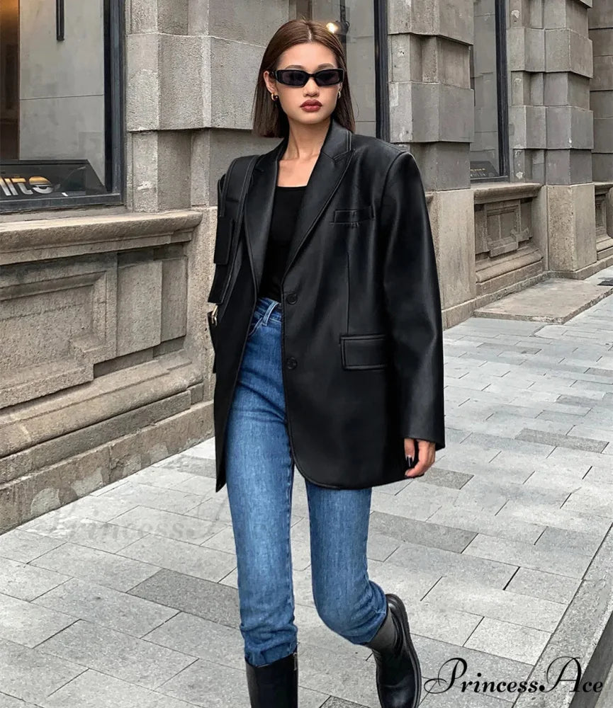 Vintage Black High Quality Leather Loose Biker Casual Long Sleeve Pocket Oversized Blazer