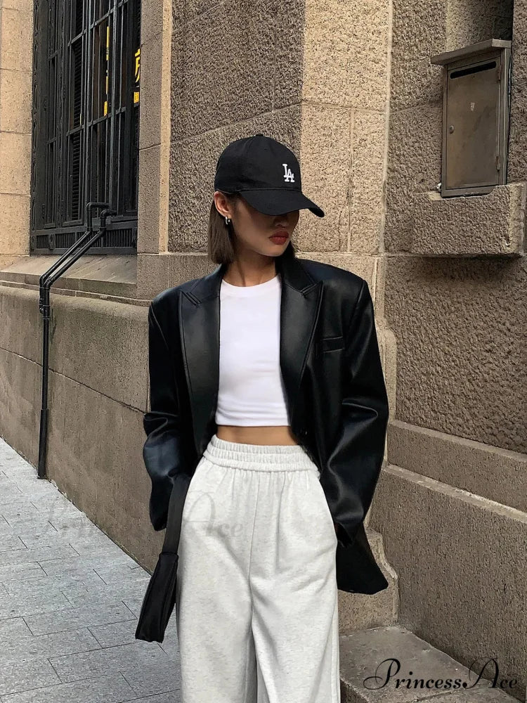 Vintage Black High Quality Leather Loose Biker Casual Long Sleeve Pocket Oversized Blazer