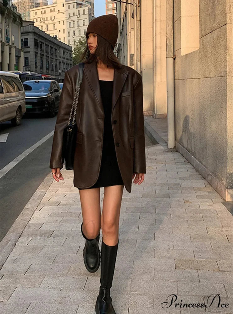 Vintage Black High Quality Leather Loose Biker Casual Long Sleeve Pocket Oversized Blazer Coffee / S