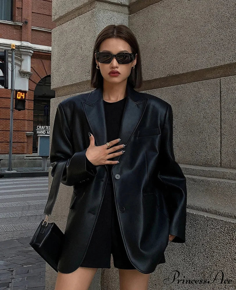 Vintage Black High Quality Leather Loose Biker Casual Long Sleeve Pocket Oversized Blazer Black / S