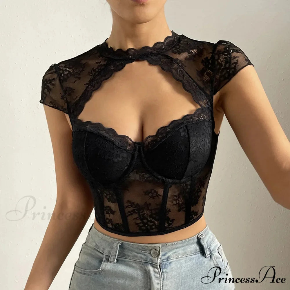 Vintage Blossom Lace Fishbone V-neck Crop Top croptop-250126
