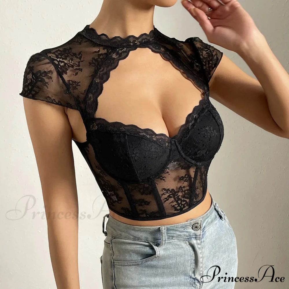 Vintage Blossom Lace Fishbone V-neck Crop Top croptop-250126