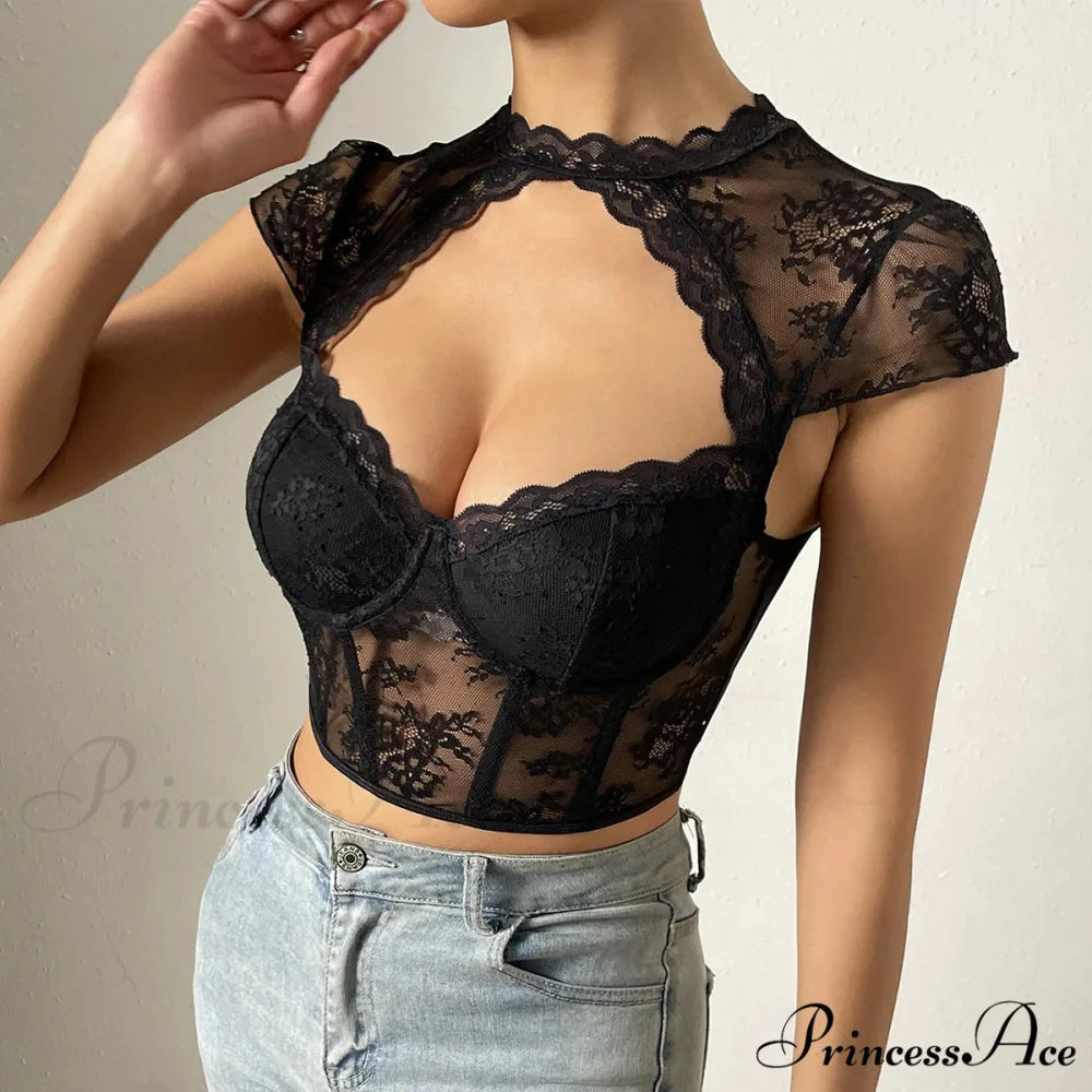 Vintage Blossom Lace Fishbone V-neck Crop Top croptop-250126