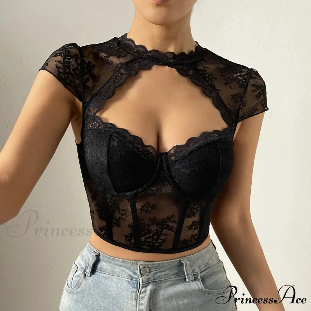 Vintage Blossom Lace Fishbone V-neck Crop Top croptop-250126