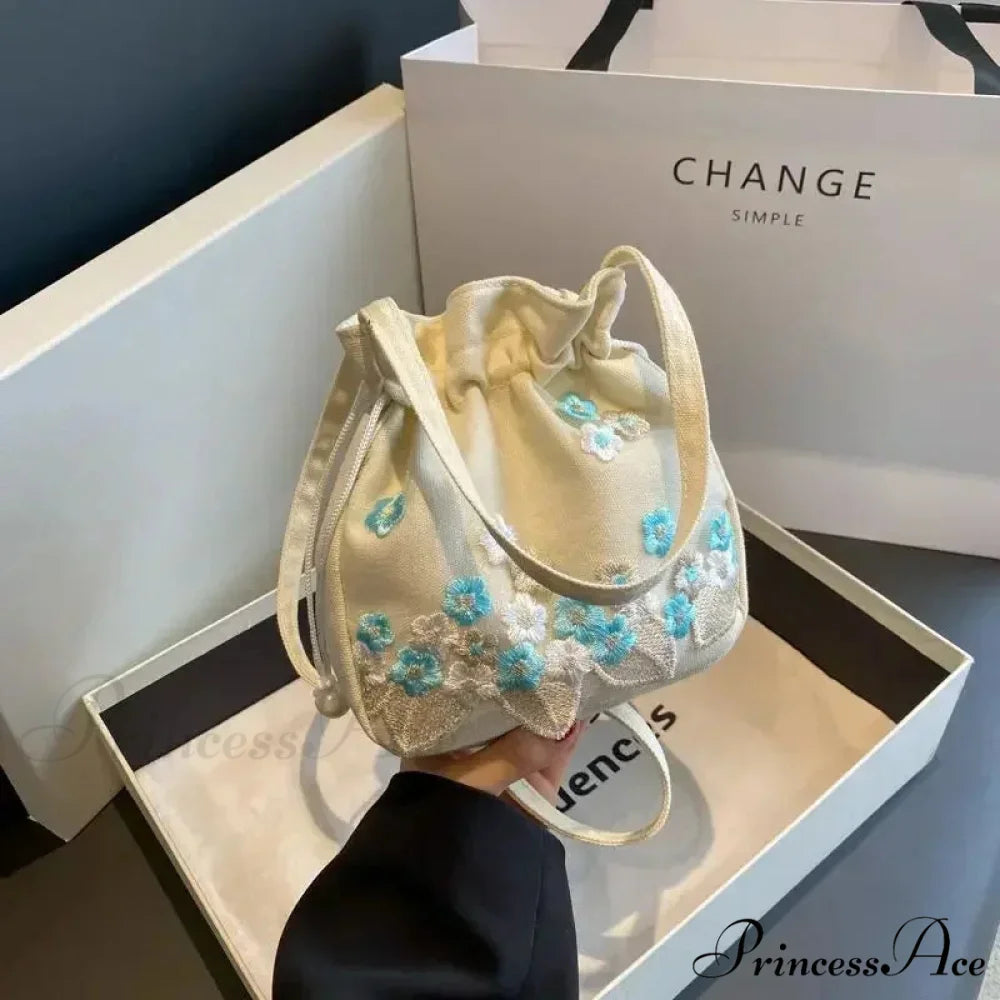 Vintage Blossom Stitched Lace Cinch Bucket Purse Blue handbag-250126