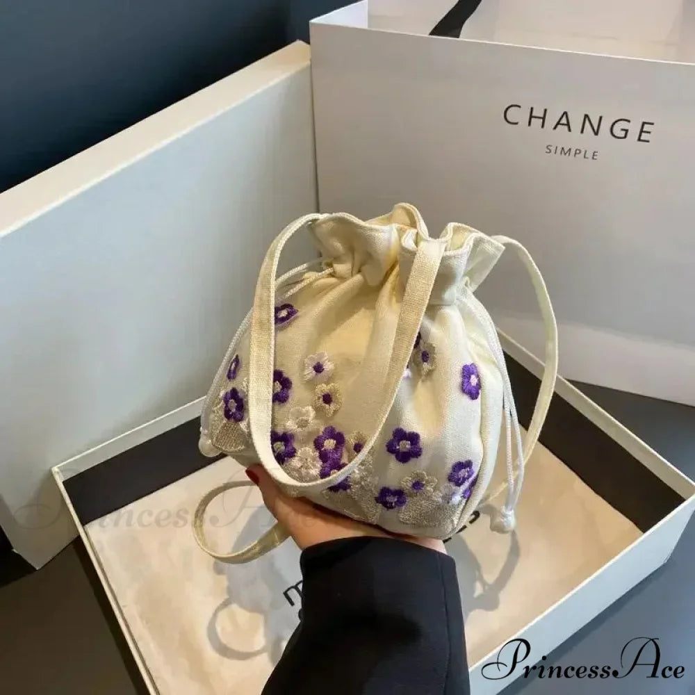 Vintage Blossom Stitched Lace Cinch Bucket Purse PURPLE handbag-250126