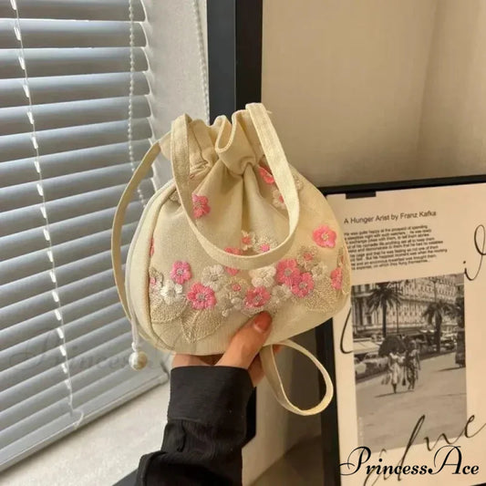 Vintage Blossom Stitched Lace Cinch Bucket Purse rose pink handbag-250126