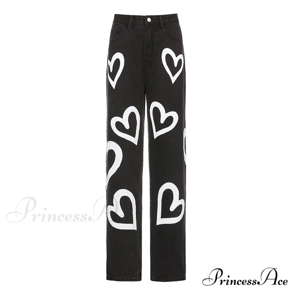 Vintage Blue Heart Printed Baggy Jeans