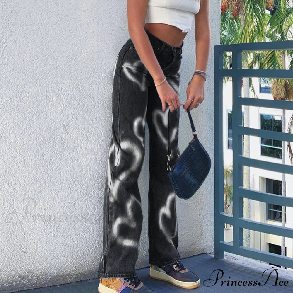 Vintage Blue Heart Printed Baggy Jeans Black / S
