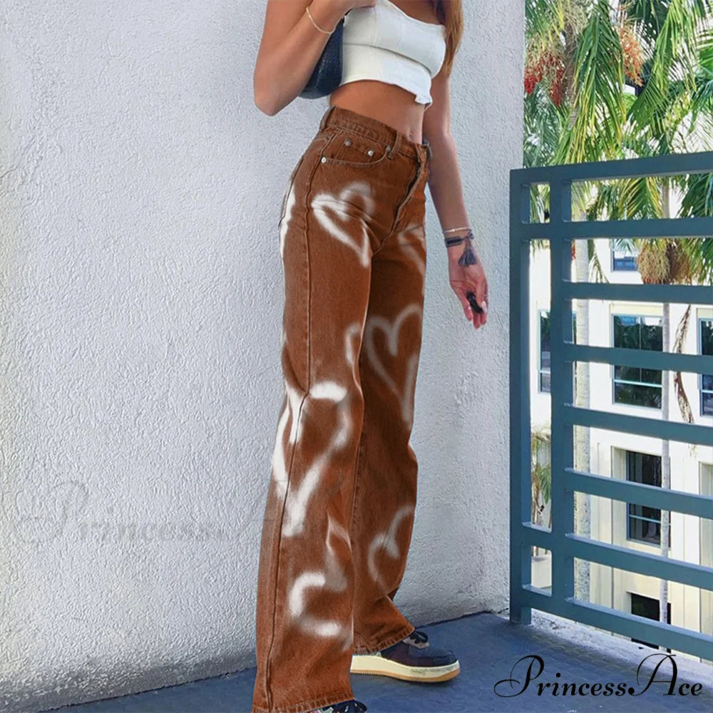 Vintage Blue Heart Printed Baggy Jeans Brown / S