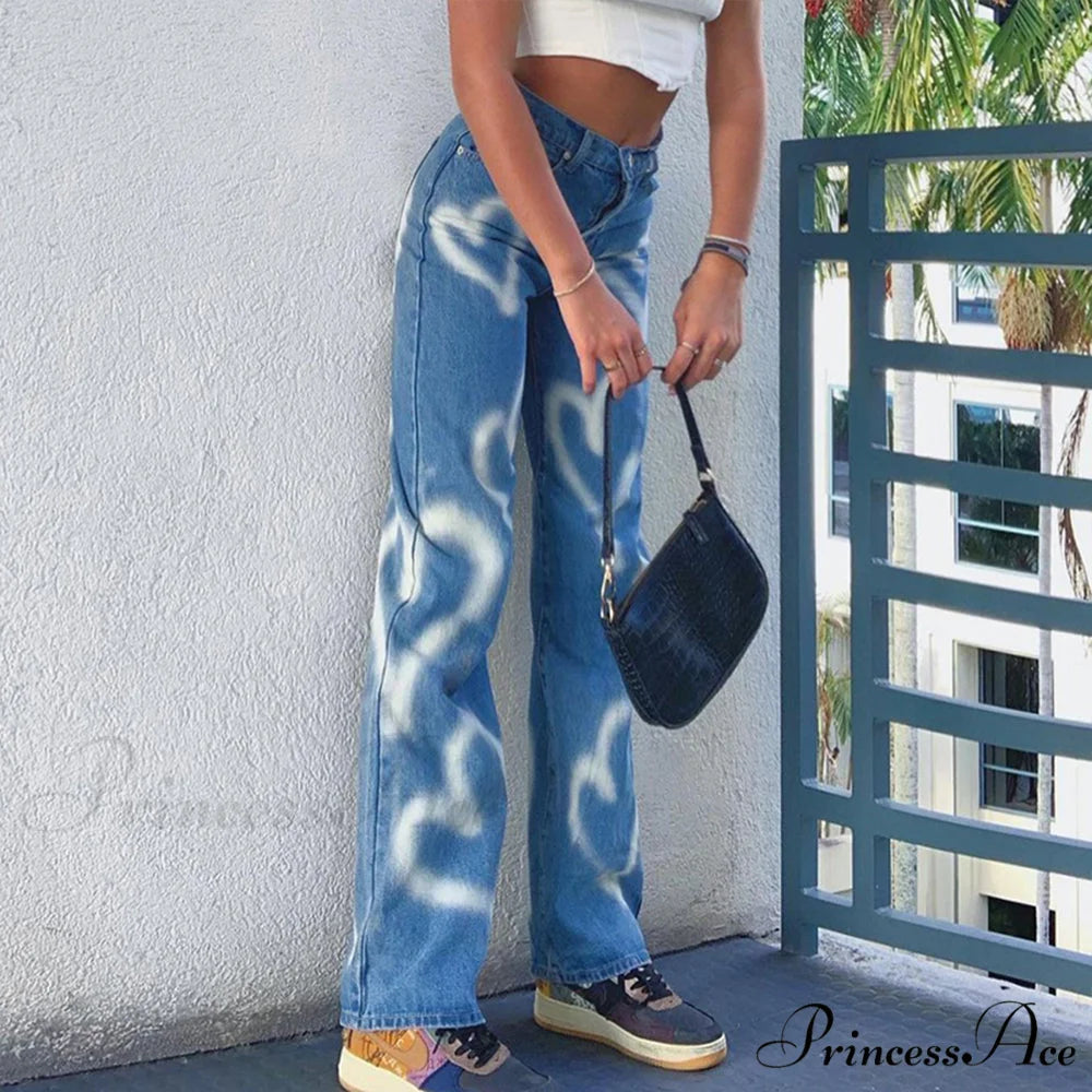 Vintage Blue Heart Printed Baggy Jeans Blue / S
