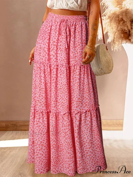 Vintage Bohemian Spring Floral A-Line High Waist Maxi Skirt Pink / S skirt-250126
