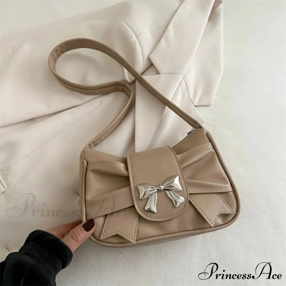 Vintage Bow Faux Leather Professional Shoulder Purse Khaki shoulder-250126