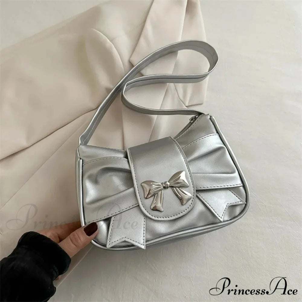 Vintage Bow Faux Leather Professional Shoulder Purse Silver shoulder-250126