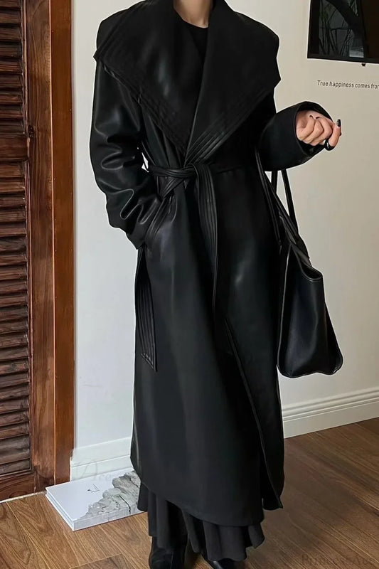 Vintage Broad Lapel Waist-Tied Leather Overcoat