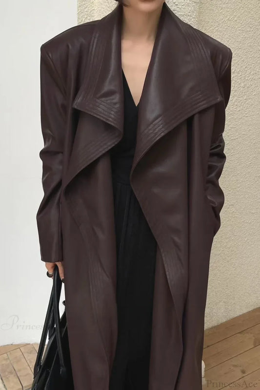 Vintage Broad Lapel Waist-Tied Leather Overcoat