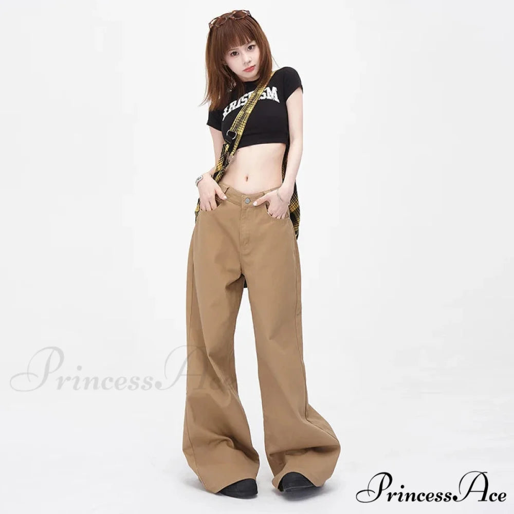 Vintage Brown Loose Wide Leg Mid-waist Women Elegant Chic Jeans