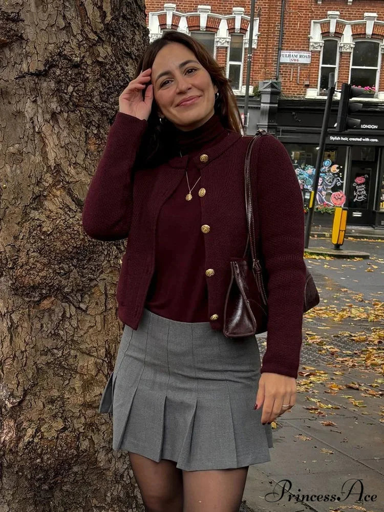 Vintage Burgundy Single-Breasted Cardigan