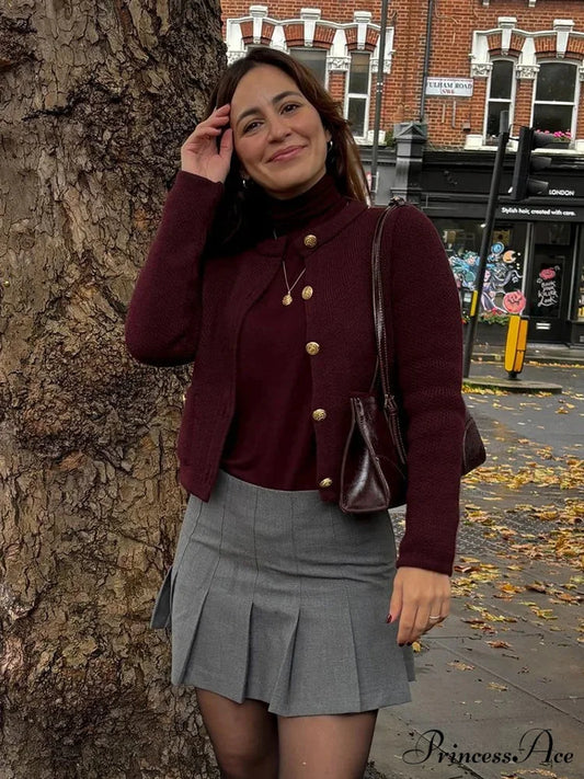 Vintage Burgundy Single-Breasted Cardigan