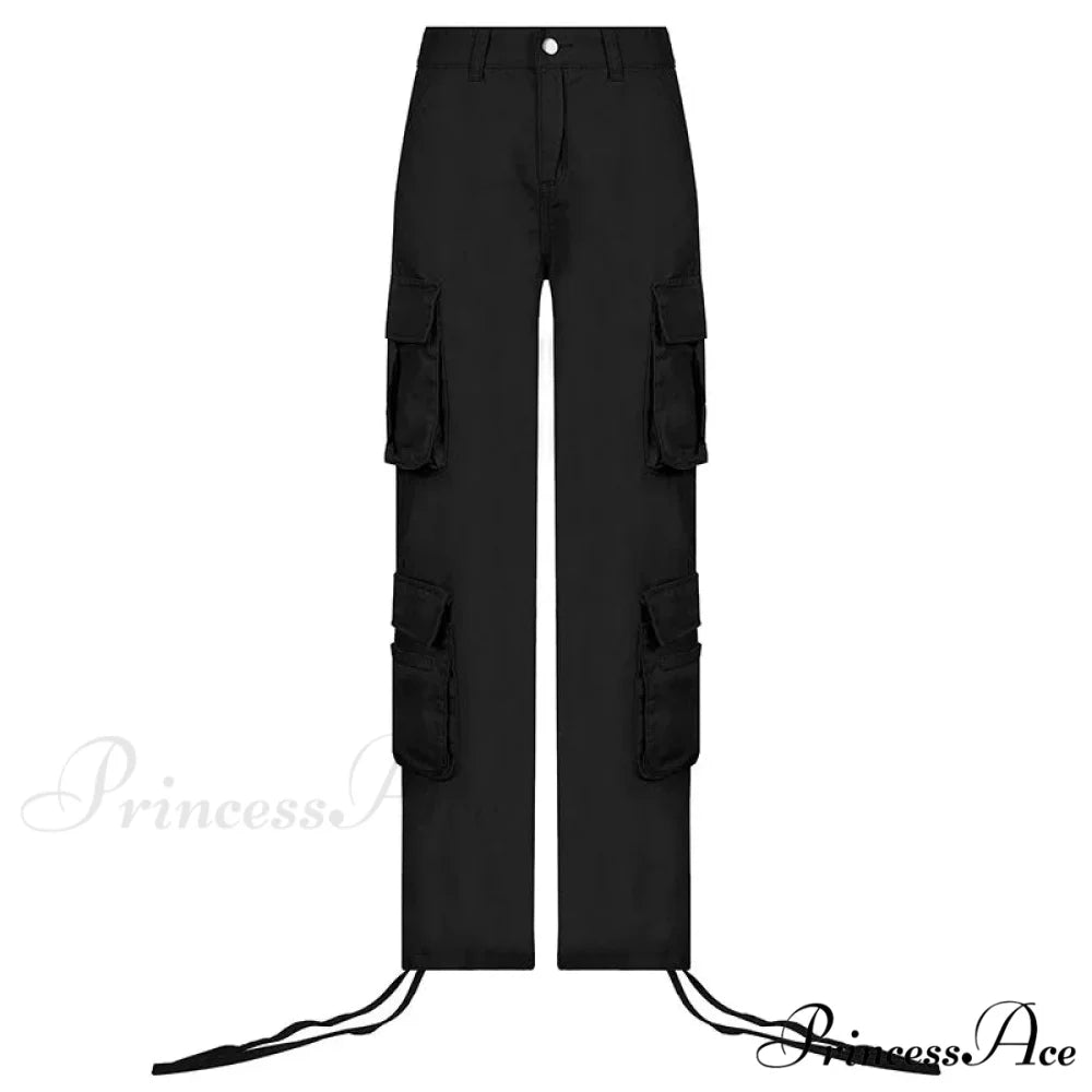 Vintage Cargo Baggy Streetwear Pockets Wide Leg Low Waist Casual Loose Y2k Denim Jean Black / S