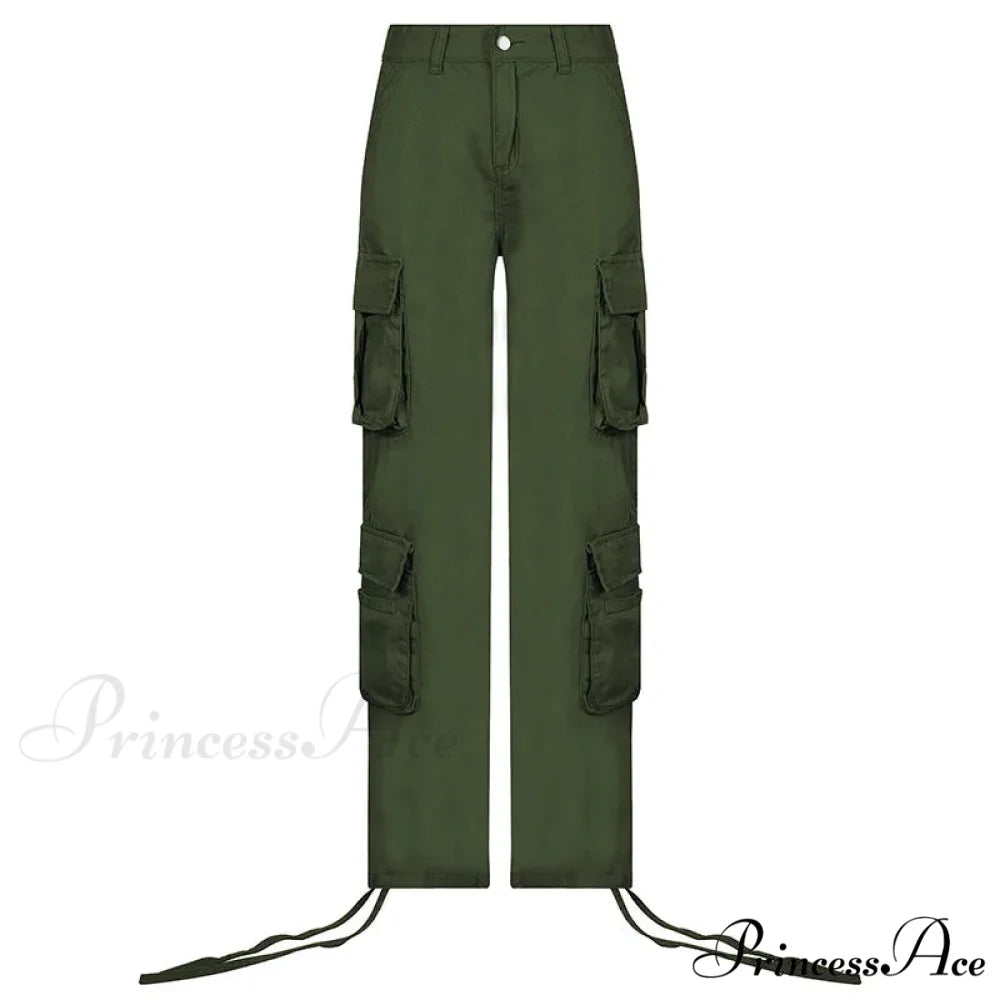 Vintage Cargo Baggy Streetwear Pockets Wide Leg Low Waist Casual Loose Y2k Denim Jean Green / S