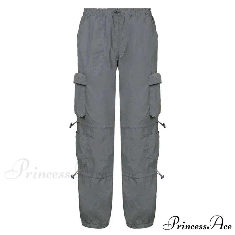 Vintage Cargo Baggy Streetwear Pockets Wide Leg Low Waist Casual Loose Y2k Denim Jean GREY / S