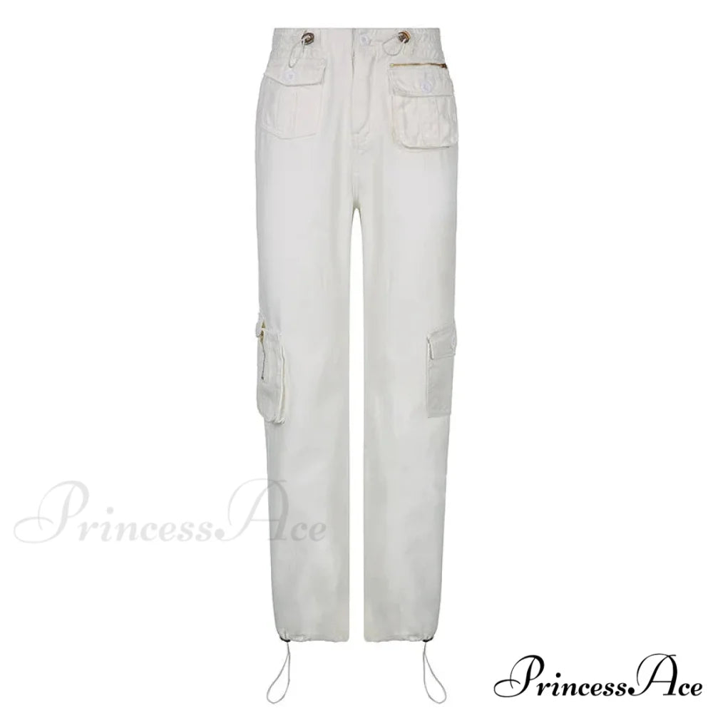 Vintage Cargo Baggy Streetwear Pockets Wide Leg Low Waist Casual Loose Y2k Denim Jean WHITE / S