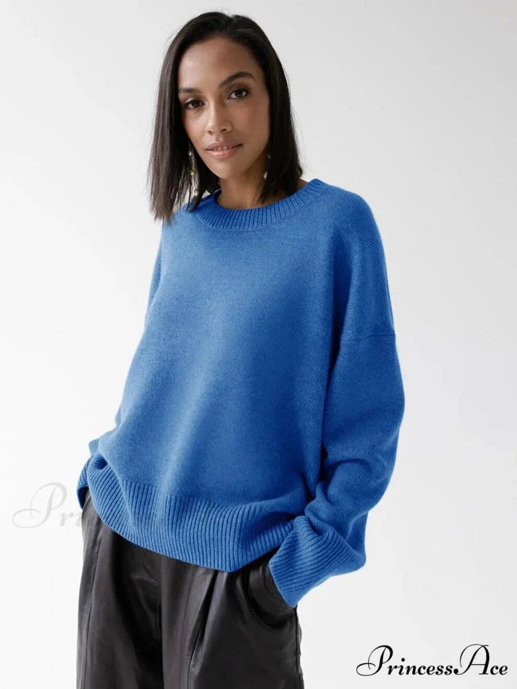 Vintage Casual Cozy Stylish Autumnal Streetwear Warm Long Sleeve Sweater Blue / One Size
