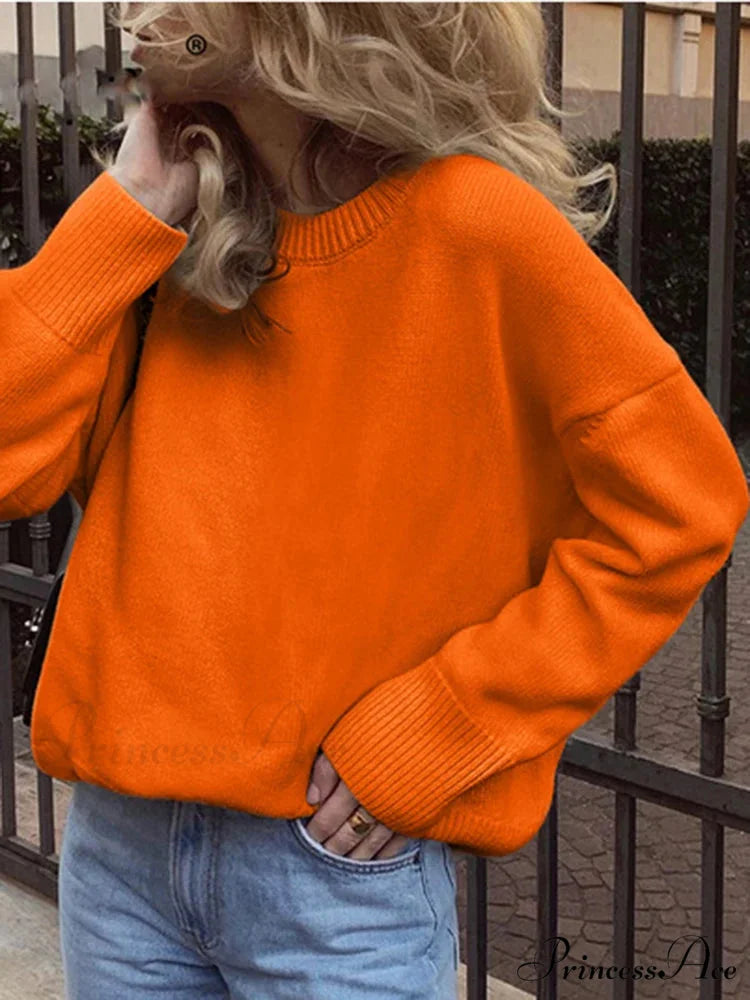 Vintage Casual Cozy Stylish Autumnal Streetwear Warm Long Sleeve Sweater Orange / One Size