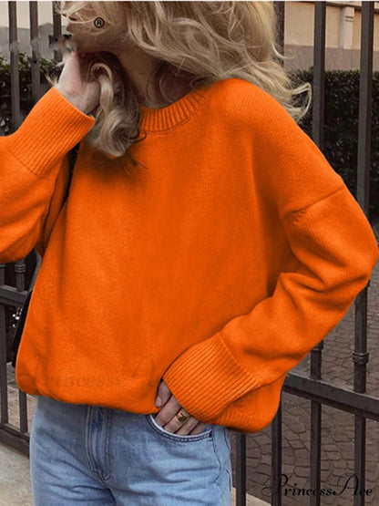 Vintage Casual Cozy Stylish Autumnal Streetwear Warm Long Sleeve Sweater Orange / One Size