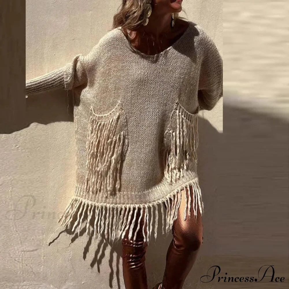 Vintage Casual Knitted Sweater Midi Dress KHAKI / S